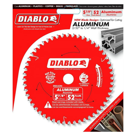 Packaged Diablo 5-7/8" circular saw blade with red body and silver teeth, labeled for cutting aluminum, plastics, copper, brass, and fiberglass. Packaging highlights features like TiCo carbide tips, triple chip grind, and Perma-SHIELD coating. Model D0552N.