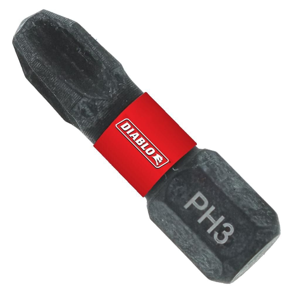 Diablo 1-inch impact driver bit featuring a black oxide Phillips #3 tip, red branding band, and grey hex shank marked PH3