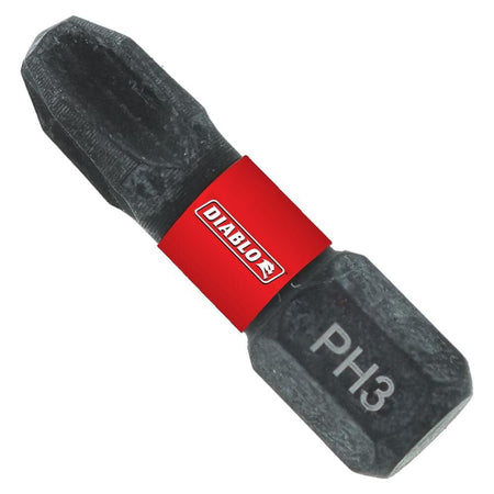 Diablo 1-inch impact driver bit featuring a black oxide Phillips #3 tip, red branding band, and grey hex shank marked PH3