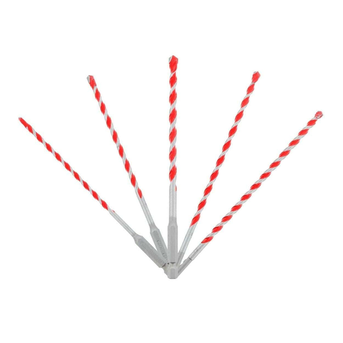 Five red and silver Diablo hammer drill bits arranged in a fan pattern on a white background, highlighting SDS-style shanks and spiral design for concrete drilling.