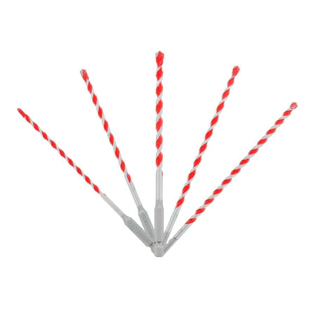 Five red and silver Diablo hammer drill bits arranged in a fan pattern on a white background, highlighting SDS-style shanks and spiral design for concrete drilling.