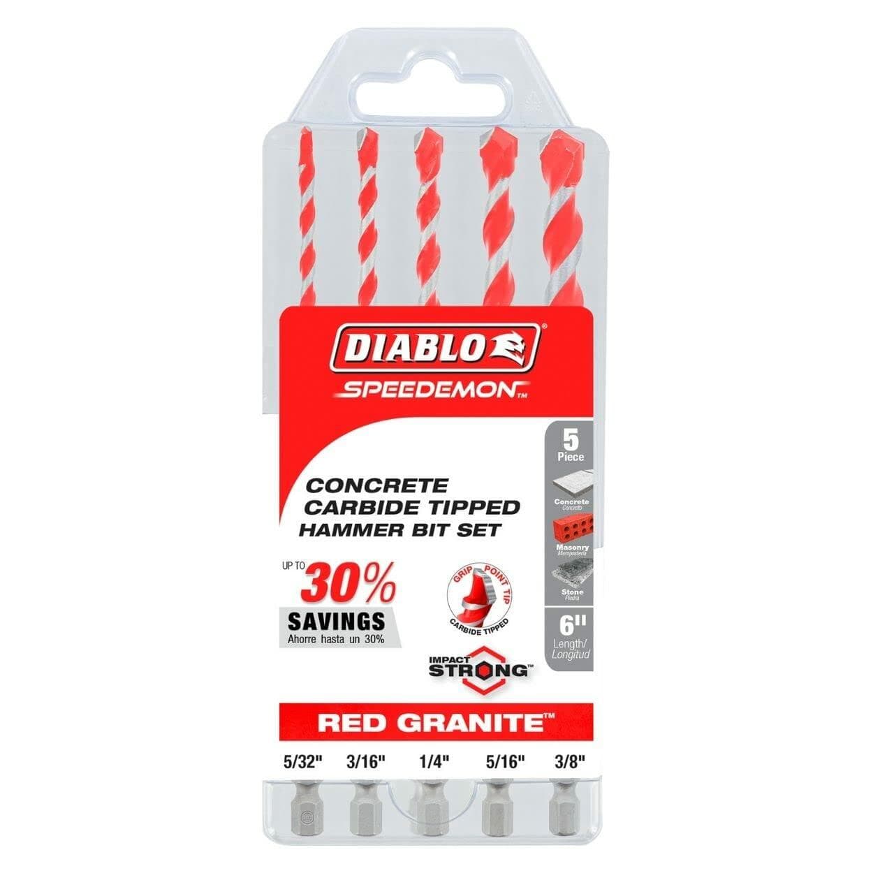 Packaged Diablo SPEEDemon 5-piece Red Granite carbide-tipped hammer drill bit set displayed upright, showing labeled features and compatible materials like concrete and masonry.