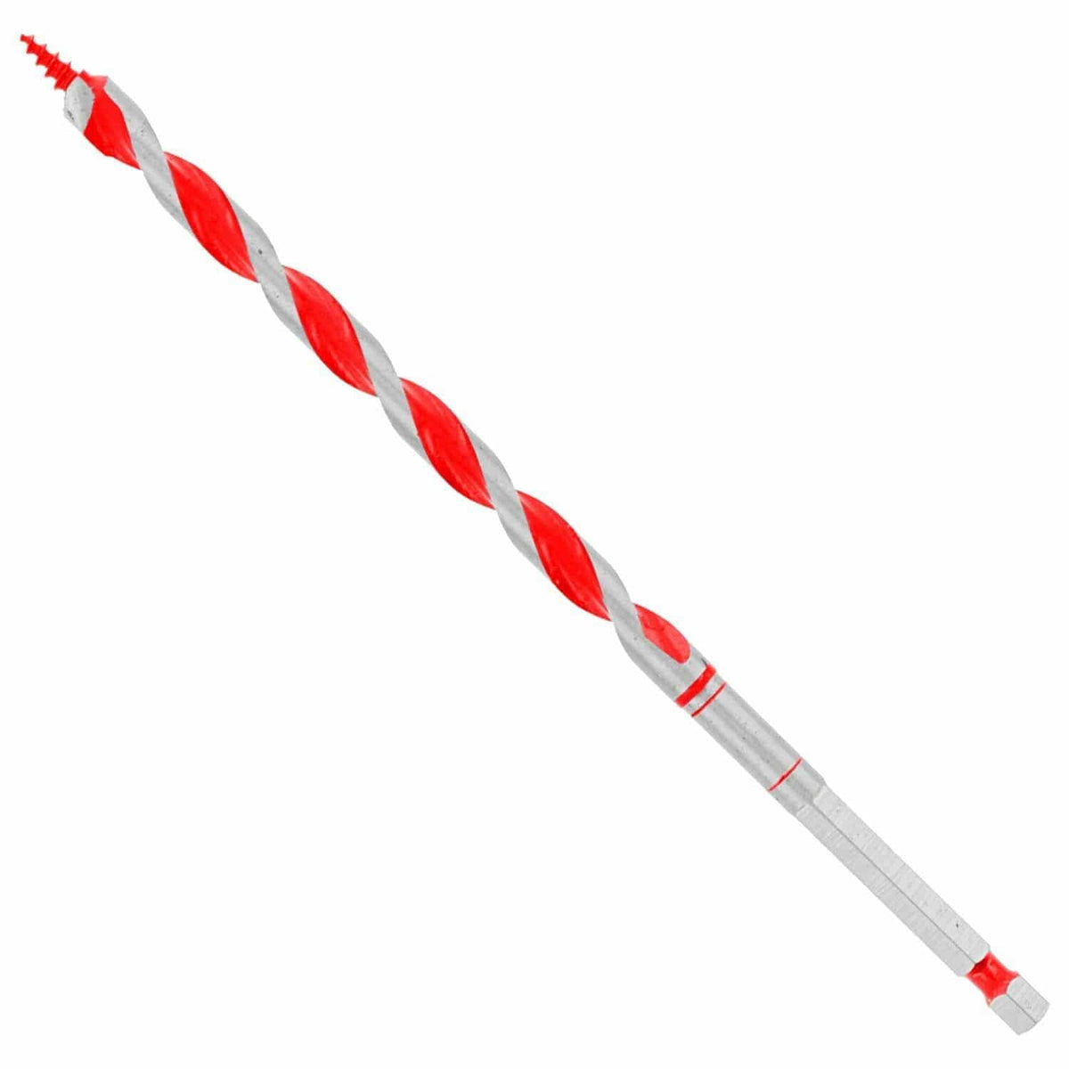 Diablo 5/16" auger drill bit with red and silver spiral flutes, threaded screw tip, and hexagonal shank. Designed for drilling clean holes in wood and nail-embedded wood. Ideal for use with cordless or corded drills.