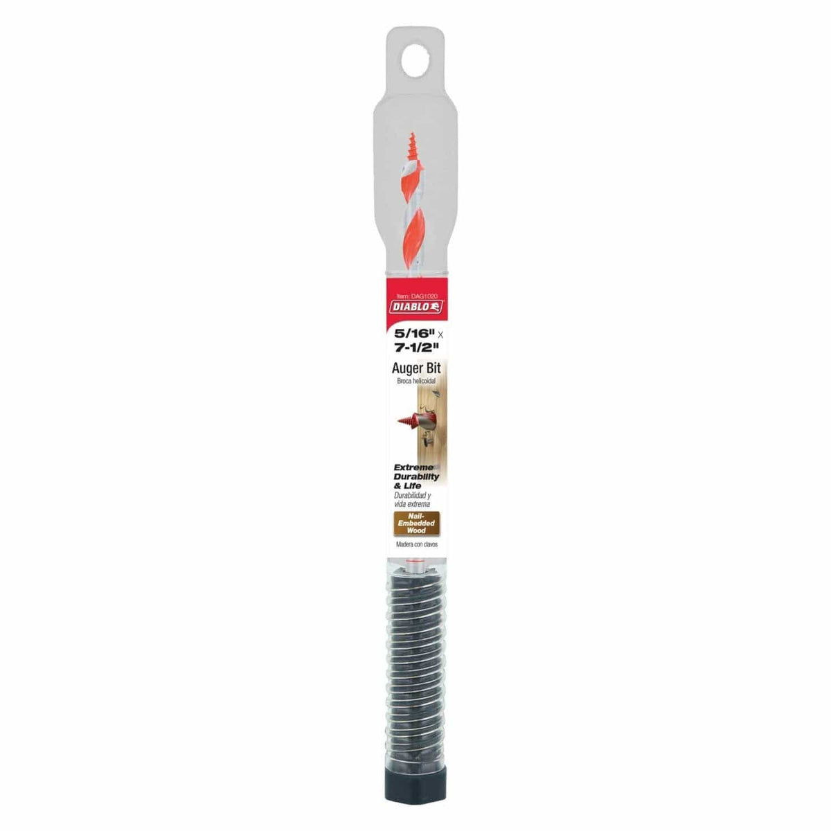 Packaged Diablo 5/16" auger bit in clear plastic with red and white branding label. Text highlights features such as fast drilling, ultra-clean holes, and maximum life. Bit is visible inside with spiral flutes and screw tip