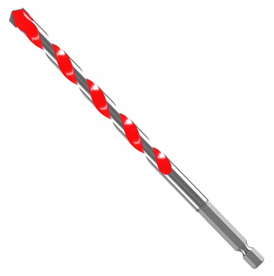 Individual Diablo 5/16-inch x 6-inch SPEEDemon Red Granite carbide-tipped hammer drill bit featuring a silver and red spiral flute design and a hex shank.
