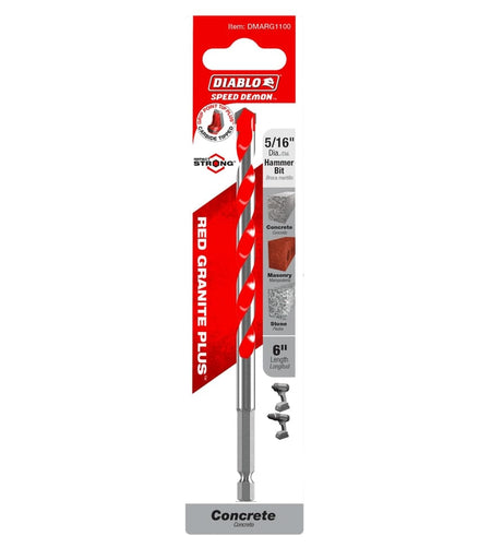 Retail packaging for the Diablo DMARG1100 hammer drill bit highlighting its application for concrete, masonry, and stone with an Impact Strong hex shank.