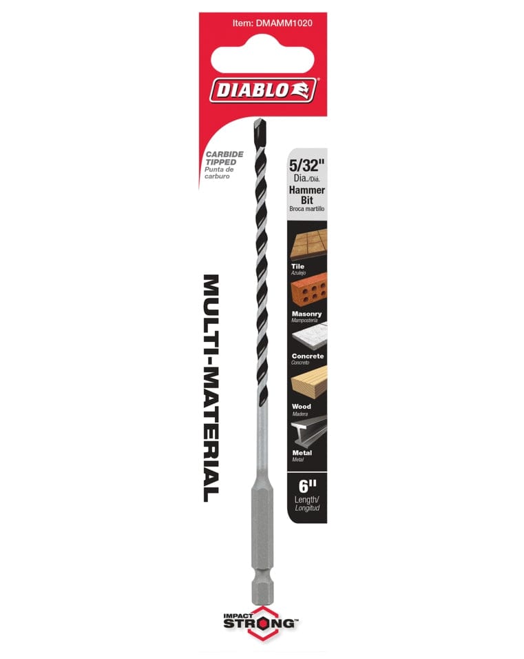 Retail packaging for the Diablo DMAMM1020 multi-material hammer drill bit highlighting its 5/32 inch diameter, 6 inch length, and Impact Strong shank for various substrates.