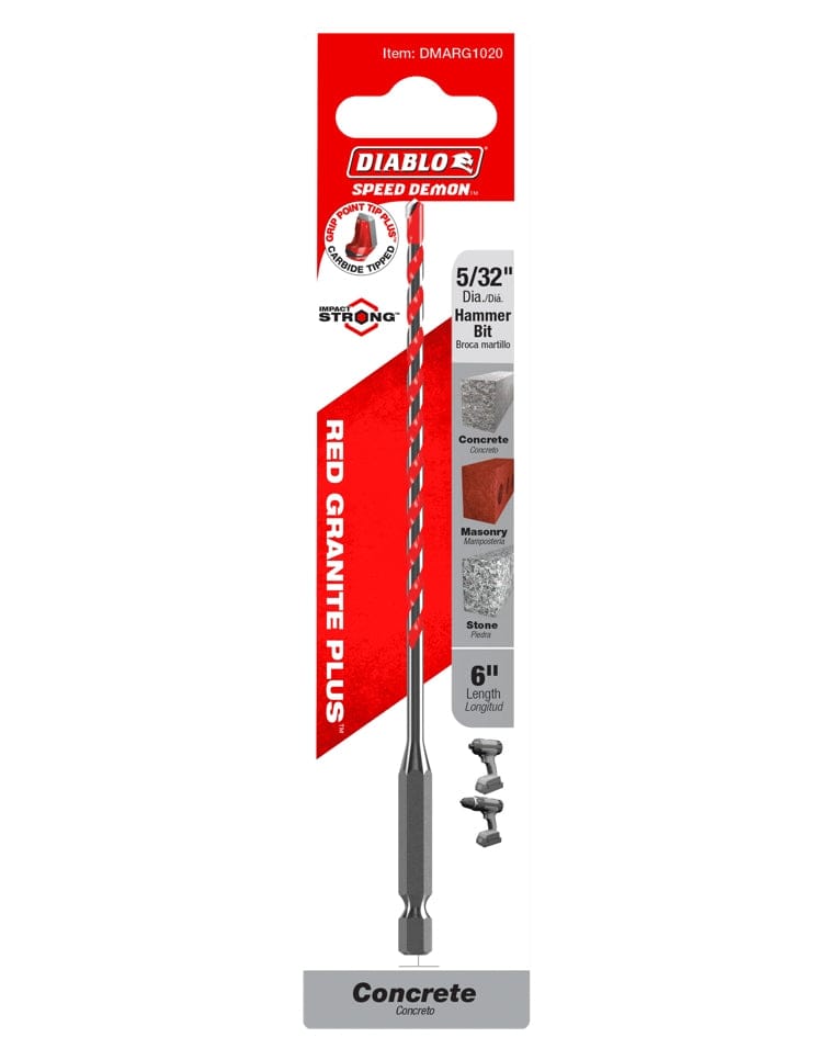 Retail packaging for the Diablo DMARG1020 SPEEDemon Red Granite PLUS hammer drill bit highlighting its 5/32 inch diameter, 6 inch length, and impact strong hex shank for concrete, masonry, and stone.