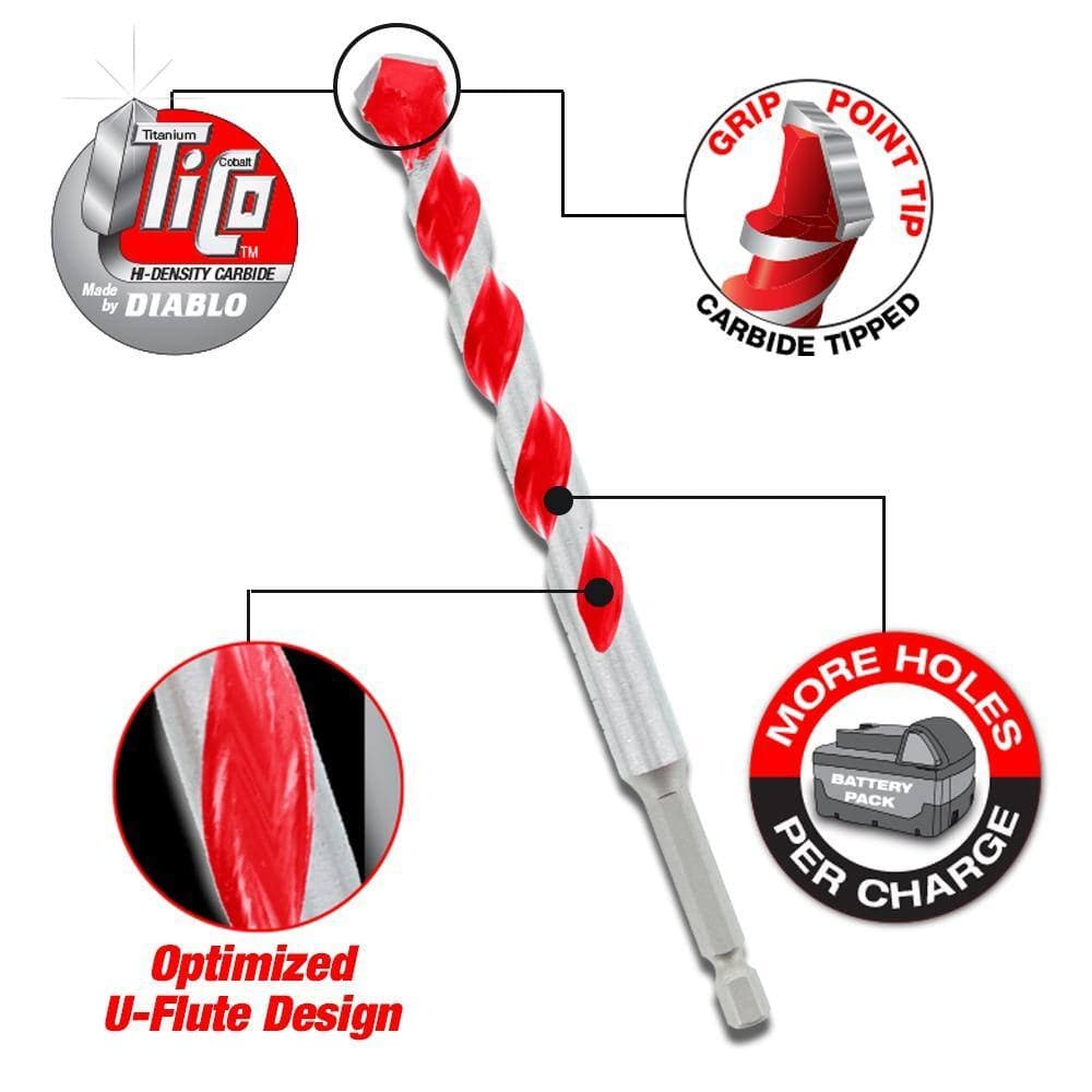 Application infographic showing that the Diablo SPEEDemon hammer drill bit is ideal for use in masonry and brick, concrete, and various types of stone.