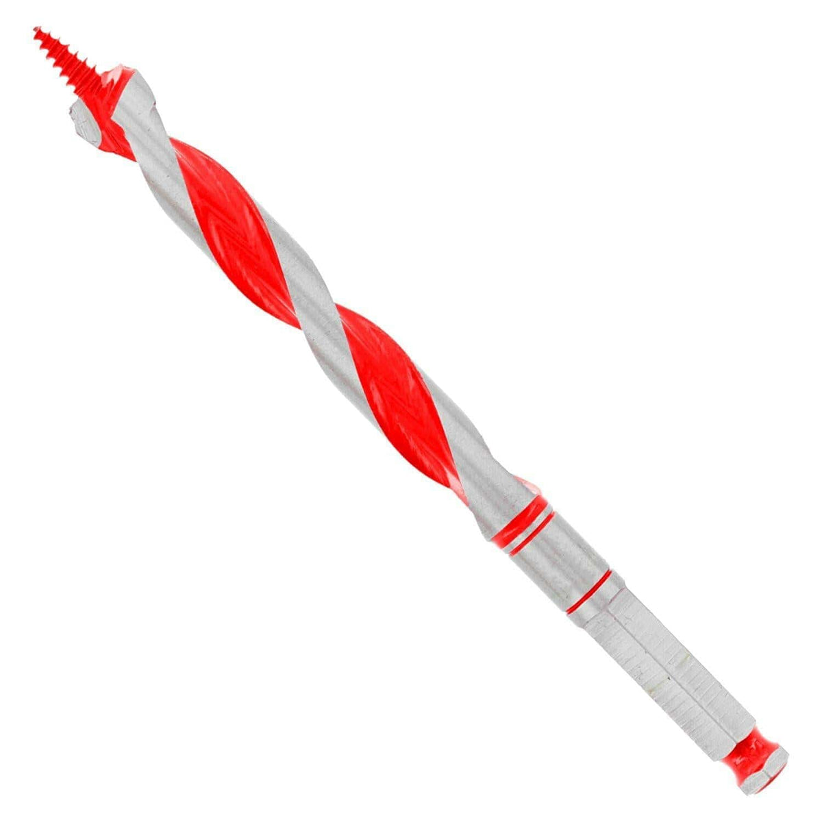 Diablo 5/8" auger drill bit with red and silver spiral flutes, threaded screw tip, and hex shank. Designed for drilling clean, deep holes in wood and nail-embedded wood using cordless or corded impact drivers. Ideal for framing, carpentry, and structural woodworking applications.