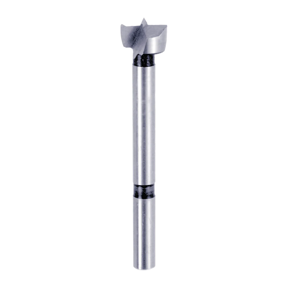 Studio shot of a Diablo 5/8 inch high-speed steel Forstner bit angled diagonally, highlighting the sharp center spur, double-ground serrated edge, and smooth cylindrical shank against a white background.