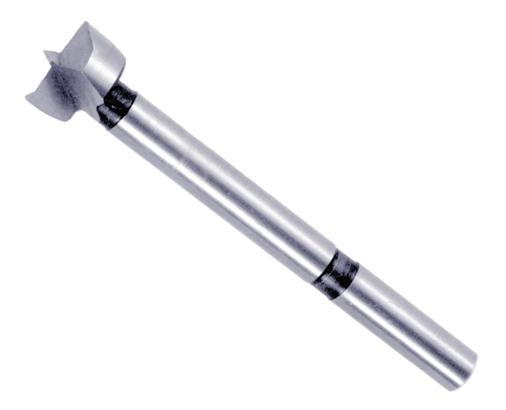 Studio shot of a Diablo 5/8 inch high-speed steel Forstner bit angled diagonally, highlighting the sharp center spur, double-ground serrated edge, and smooth cylindrical shank against a white background.