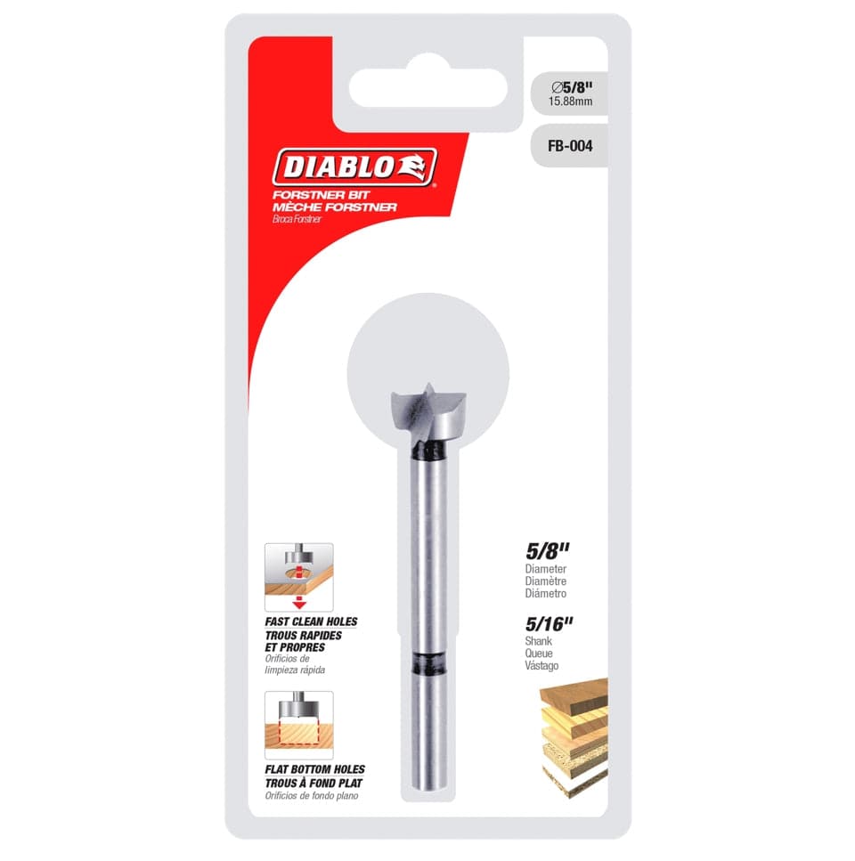 Diablo 5/8 inch Forstner bit encased in white and red retail packaging, displaying the model number FB-004, specifications for 5/8 inch diameter and 5/16 inch shank, and diagrams demonstrating fast clean flat-bottom holes.
