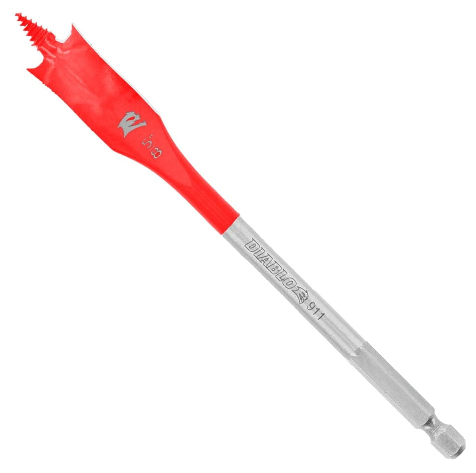 Individual Diablo 5/8-inch wood spade bit featuring a red SPEED-TIP self-feeding threaded tip and 1/4-inch Impact Strong hex shank for drill drivers.