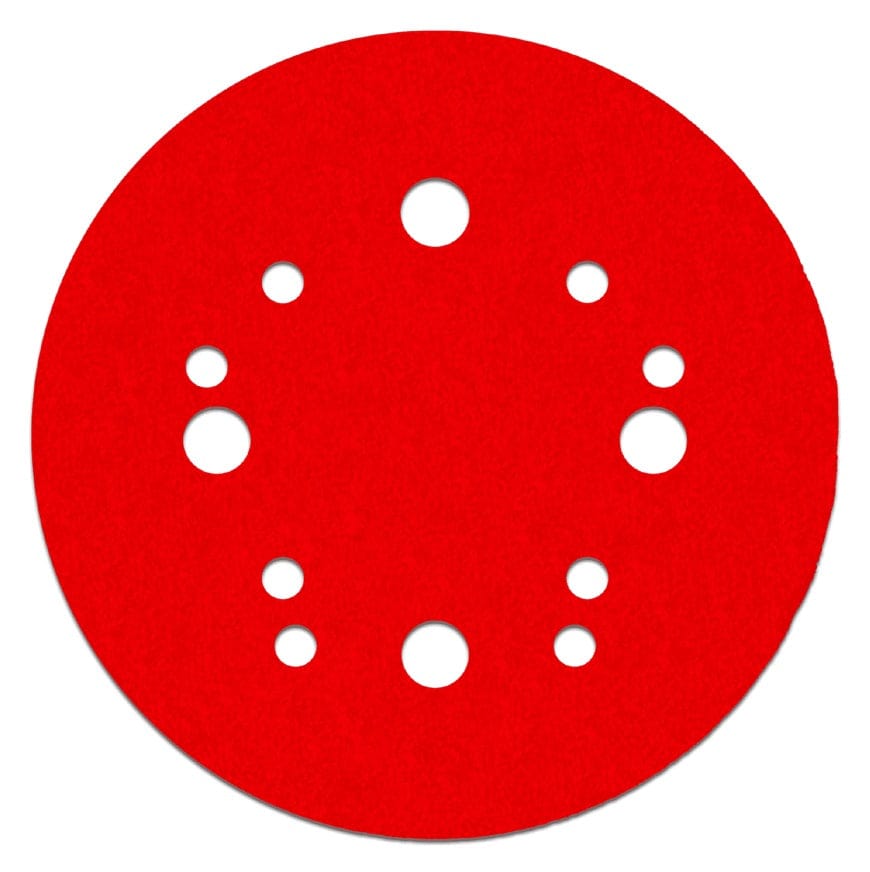 Individual Diablo 5 inch 180-grit fine finish random orbital sanding disc featuring a red premium ceramic blend and a universal 12-hole pattern for dust extraction.
