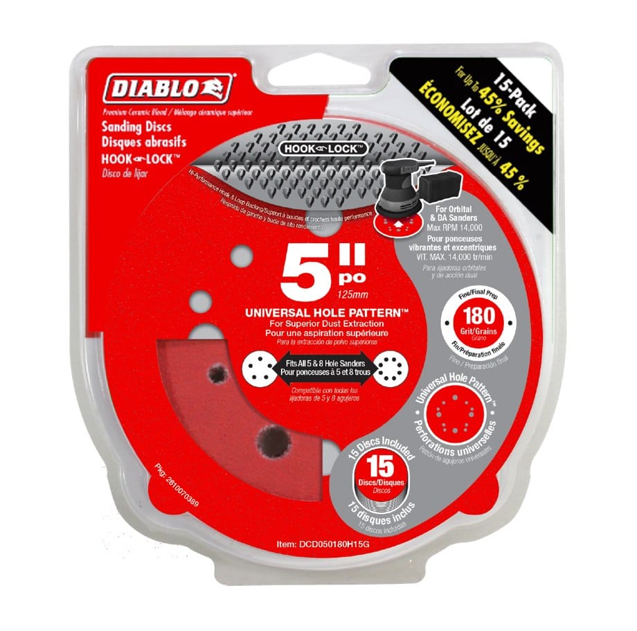 Retail packaging for the Diablo DCD050180H15G 15-pack of 5 inch 180-grit sanding discs highlighting 45 percent savings and the Hook and Lock backing system for orbital and DA sanders.