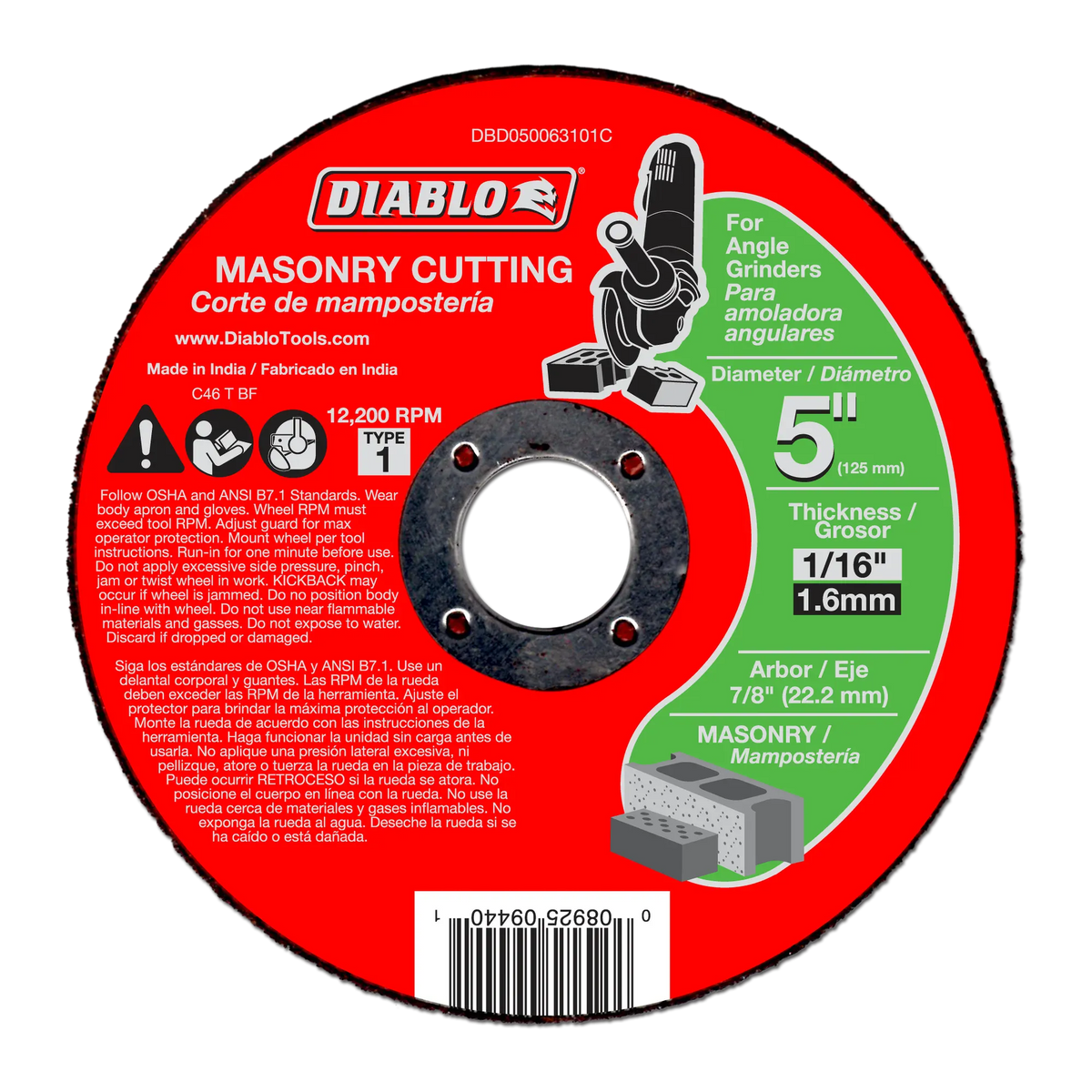 Diablo 5 inch Type 1 masonry cut-off disc packaging, displaying specifications for angle grinders, 1/16 inch thickness, 7/8 inch arbor, 12,200 RPM maximum speed, and a graphic showing use on concrete block.