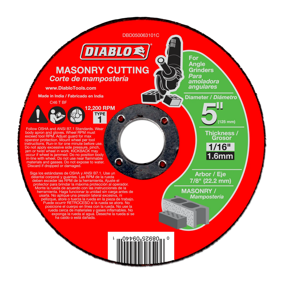 Diablo 5 inch Type 1 masonry cut-off disc packaging, displaying specifications for angle grinders, 1/16 inch thickness, 7/8 inch arbor, 12,200 RPM maximum speed, and a graphic showing use on concrete block.