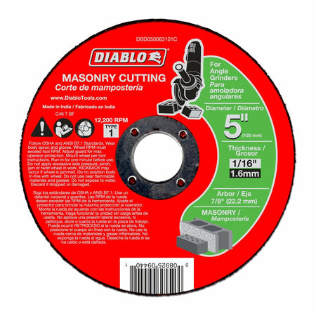 Diablo 5 inch Type 1 masonry cut-off disc packaging, displaying specifications for angle grinders, 1/16 inch thickness, 7/8 inch arbor, 12,200 RPM maximum speed, and a graphic showing use on concrete block.