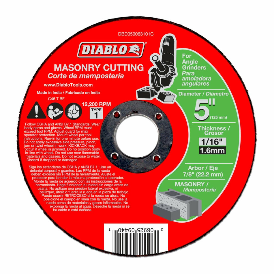 iablo 5 inch Type 1 masonry cut-off disc packaging, displaying specifications for angle grinders, 1/16 inch thickness, 7/8 inch arbor, 12,200 RPM maximum speed, and a graphic showing use on concrete block.