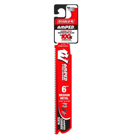 Retail packaging for the Diablo DS0610CFA 6-inch AMPED reciprocating saw blade highlighting up to 100X longer life and specialized carbide teeth for medium metal.
