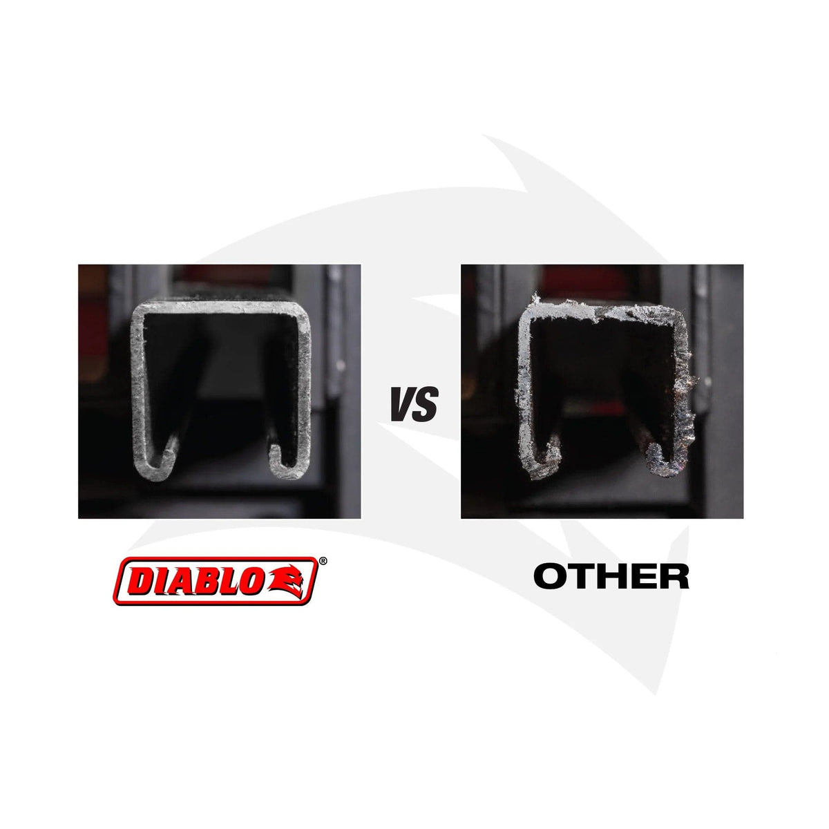 Side-by-side comparison infographic showing the clean, professional cut of a Diablo carbide reciprocating blade versus the rough, burred edge of a standard blade.