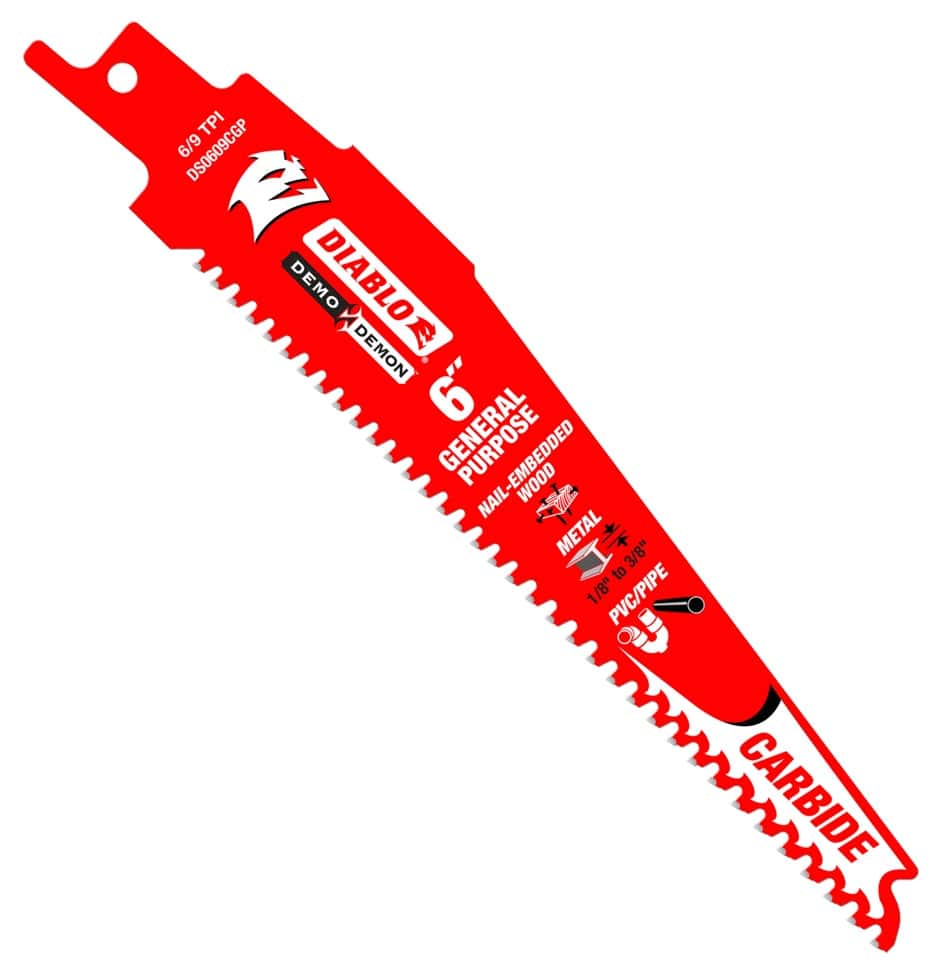 Individual Diablo 6-inch 6/9 TPI Demo Demon carbide teeth reciprocating saw blade for general purpose cutting in nail-embedded wood, metal, and PVC pipe.