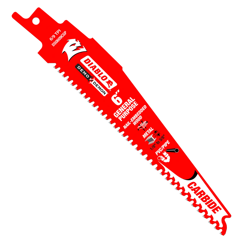 Individual Diablo 6-inch 6/9 TPI Demo Demon carbide teeth reciprocating saw blade for general purpose cutting in nail-embedded wood, metal, and PVC pipe.