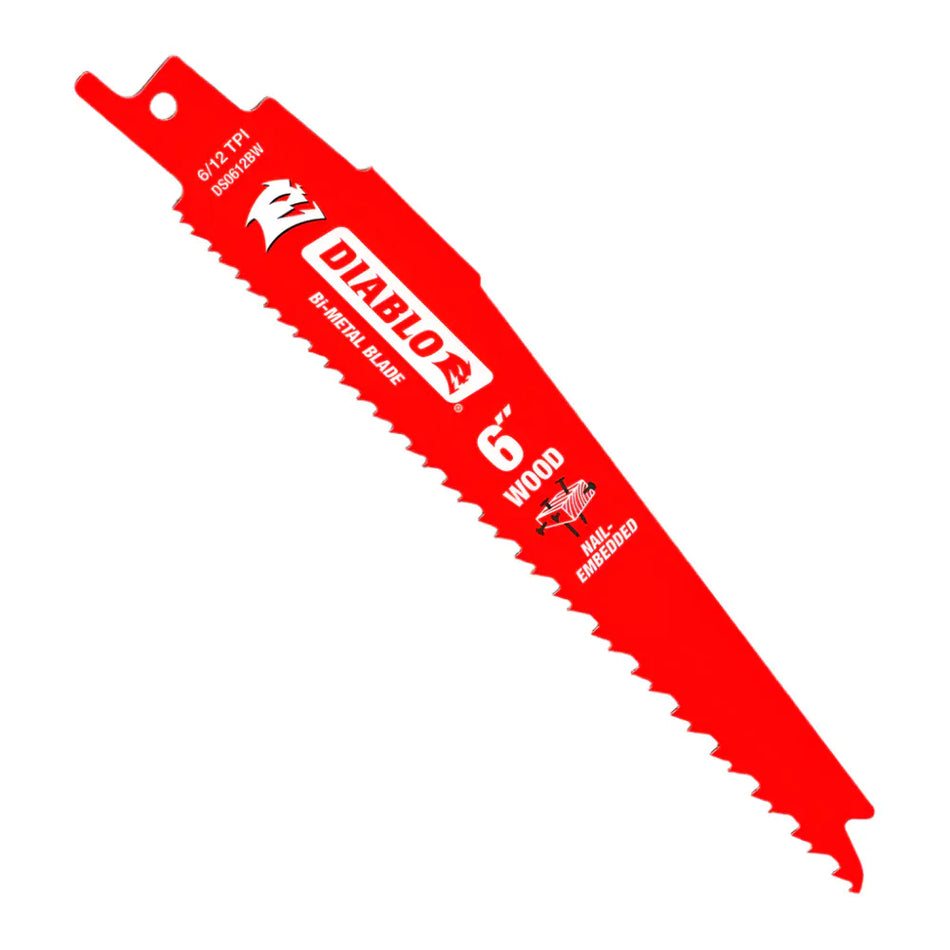 This is a diagonal image of a red reciprocating saw blade, angled from the top left to the bottom right. The blade has sharp teeth along its bottom edge and is prominently marked with "DIABLO" in white, along with "6" for its length, and "WOOD" indicating its intended use for cutting wood with embedded nails.