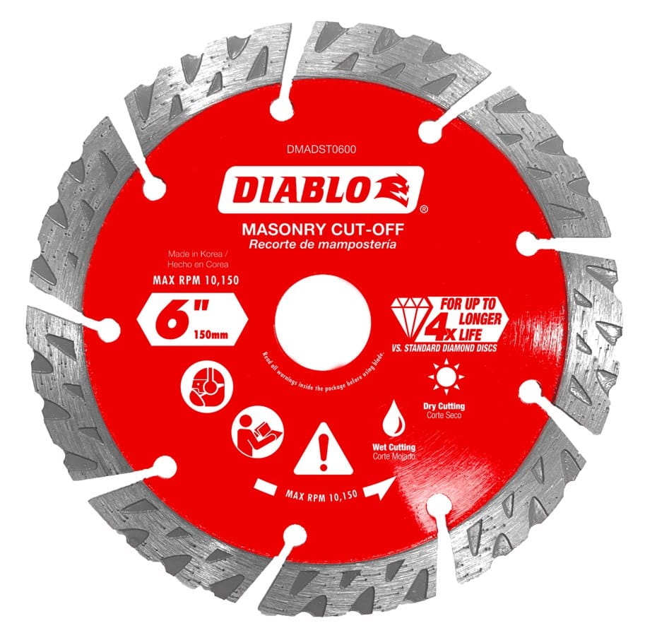 A Diablo 6 inch segmented turbo diamond masonry cut-off blade for concrete and rebar featuring specialized SPEED-Edge slots and a red-coated hardened body.