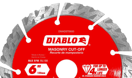 Close-up detail of the Diablo DMADST0600 masonry cut-off blade showing the diamond-segmented rim designed for 30 percent faster cuts and extreme durability.