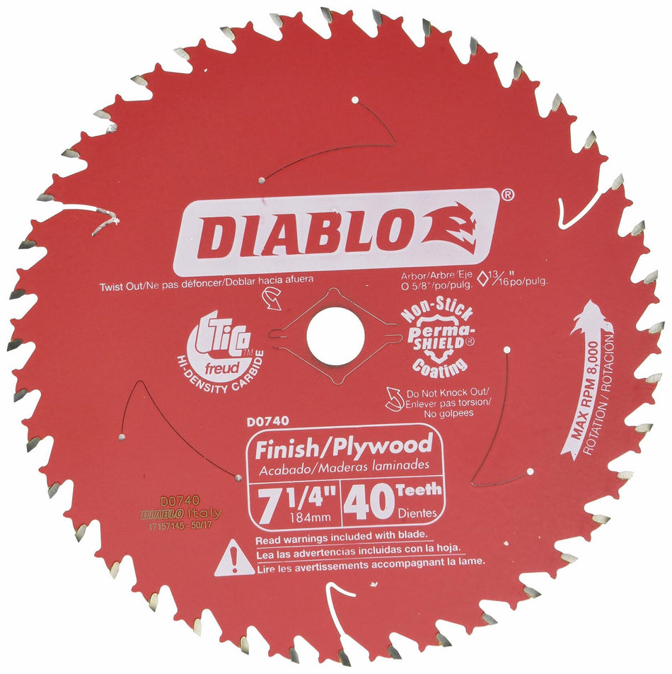 Close-up of Diablo 7-1/4-inch 40T circular saw blade. Red blade includes branding and specifications such as Hi-Density TiCo carbide tips, Perma-SHIELD coating, and max RPM of 10,000. Designed for finish cuts in wood and plywood