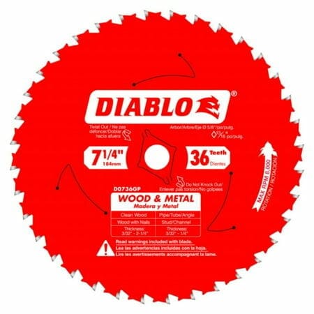A top-down view of the Diablo D0736GP circular saw blade. The 7-1/4 inch, 36-tooth blade is red and features a chart indicating its general-purpose application for cutting both wood with nails and various metal profiles.