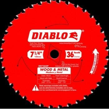A close-up of the Diablo D0736GP general purpose saw blade against a black background. The red, 7-1/4 inch blade shows its 36-tooth count and its capability to cut both wood and metal.