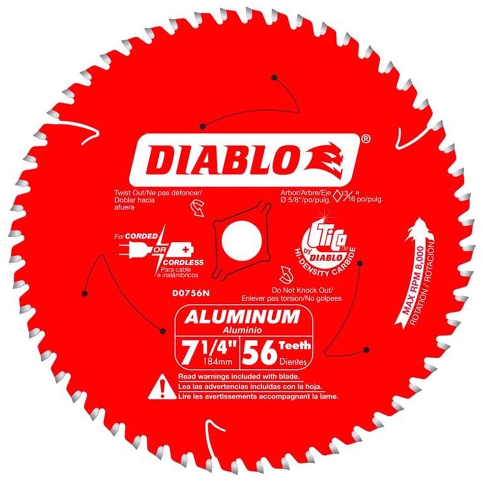 Diablo aluminum cutting circular saw blade labeled D0756NA with 56 teeth and 7-1/4 inch diameter, featuring bilingual safety warnings and TiCo Hi-Density Carbide for metal cutting precision.