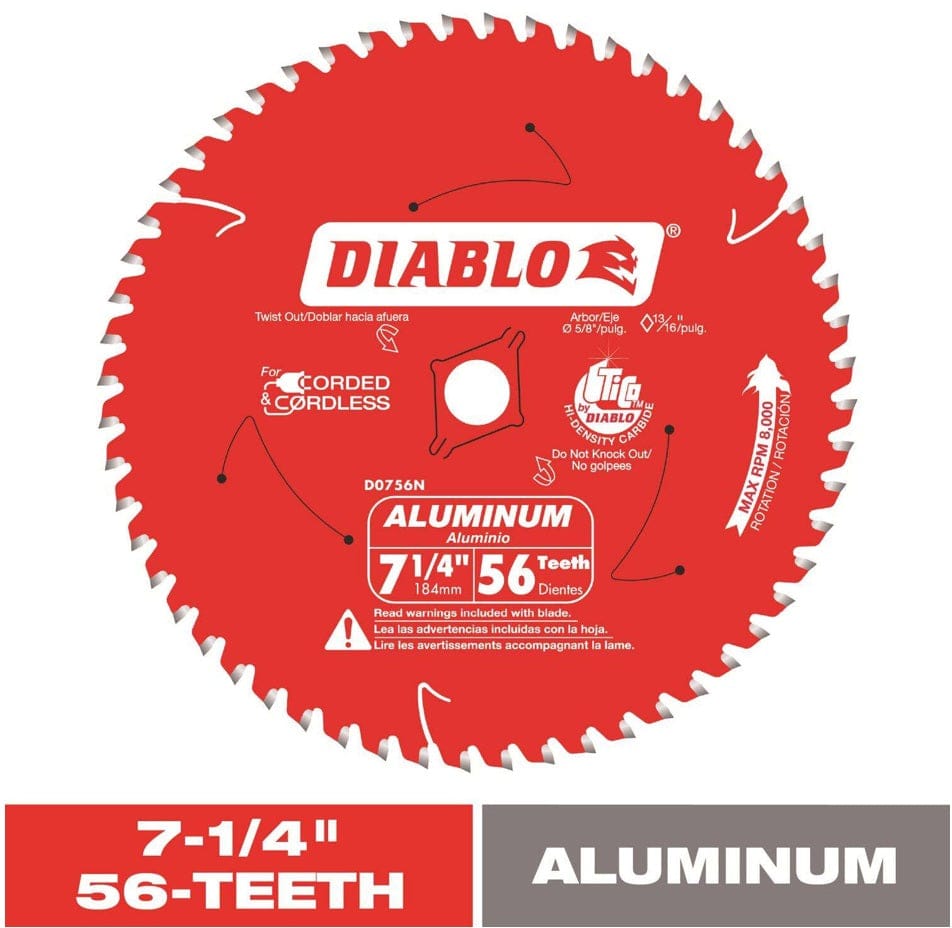 Close-up of Diablo D0756NA aluminum cutting saw blade with red body and white text, highlighting 56 teeth, 5/8 inch arbor, and TiCo carbide construction for corded and cordless saws.