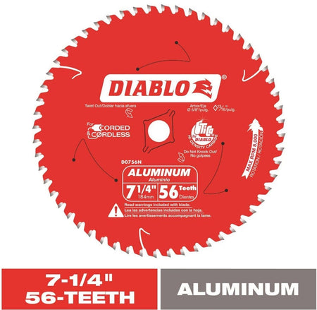 Close-up of Diablo D0756NA aluminum cutting saw blade with red body and white text, highlighting 56 teeth, 5/8 inch arbor, and TiCo carbide construction for corded and cordless saws.