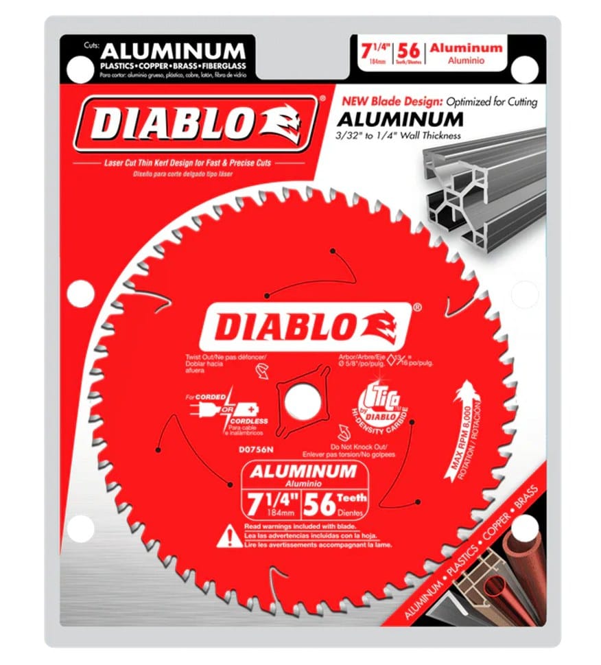 Diablo 7-1/4 inch aluminum cutting circular saw blade displayed on retail packaging, showing 56 teeth and compatibility with non-ferrous materials like copper, brass, and plastics.