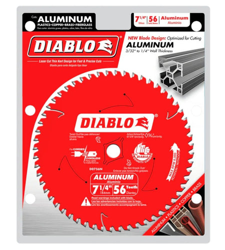 Diablo 7-1/4 inch aluminum cutting circular saw blade displayed on retail packaging, showing 56 teeth and compatibility with non-ferrous materials like copper, brass, and plastics.