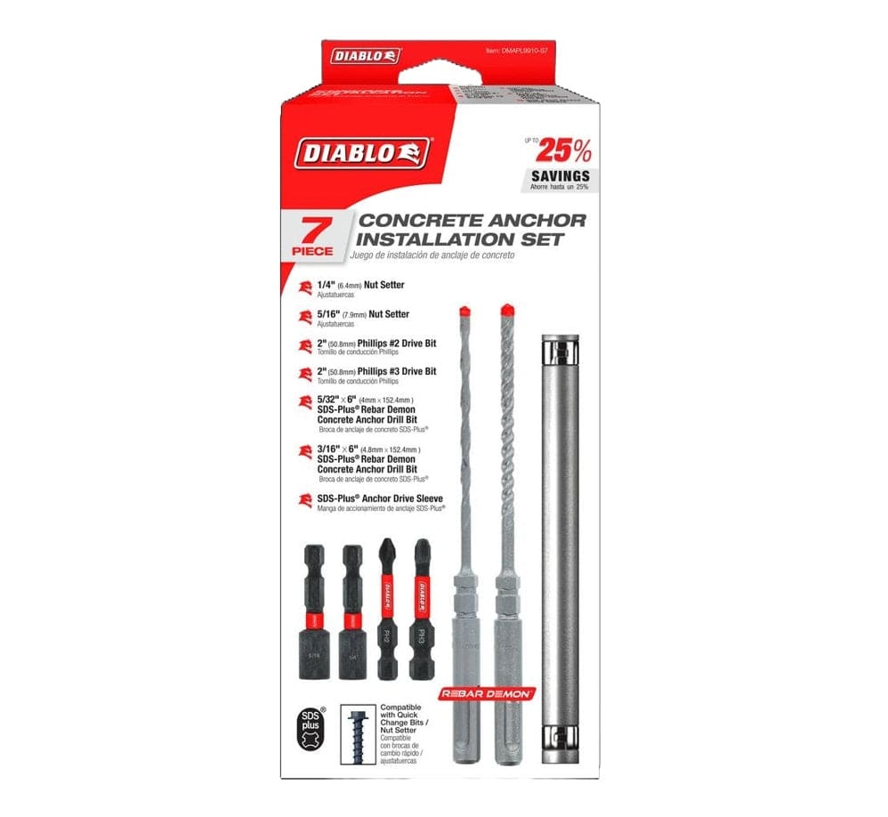 Diablo 7-piece concrete anchor installation set retail packaging including SDS-Plus Rebar Demon carbide drill bits, magnetic nut setters, Phillips drive bits, and an anchor drive sleeve for masonry applications.