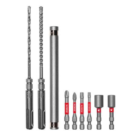 High-speed steel and carbide components of the Diablo DMAPL9910-S7 set featuring two SDS-Plus masonry bits, a silver drive sleeve, Phillips and Torx drive bits, and two magnetic nut setters.