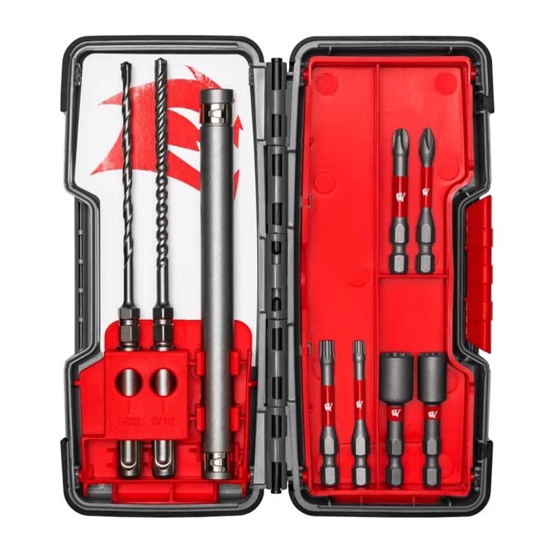 Internal view of the Diablo DMAPL9910-S7 hardshell carrying case with organized slots for SDS-Plus rebar bits, drive sleeve, and impact-rated driving accessories in a red and black protective housing.