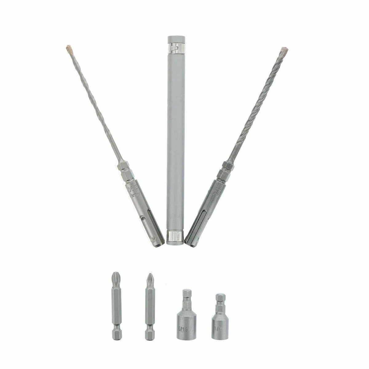 The Diablo 7-piece concrete anchor installation set, showing the two long SDS-Plus hammer drill bits, the magnetic drive sleeve, and the assorted Phillips and hex nut drivers below.