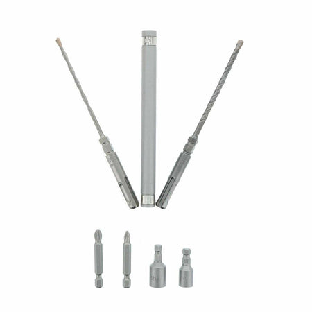The Diablo 7-piece concrete anchor installation set, showing the two long SDS-Plus hammer drill bits, the magnetic drive sleeve, and the assorted Phillips and hex nut drivers below.