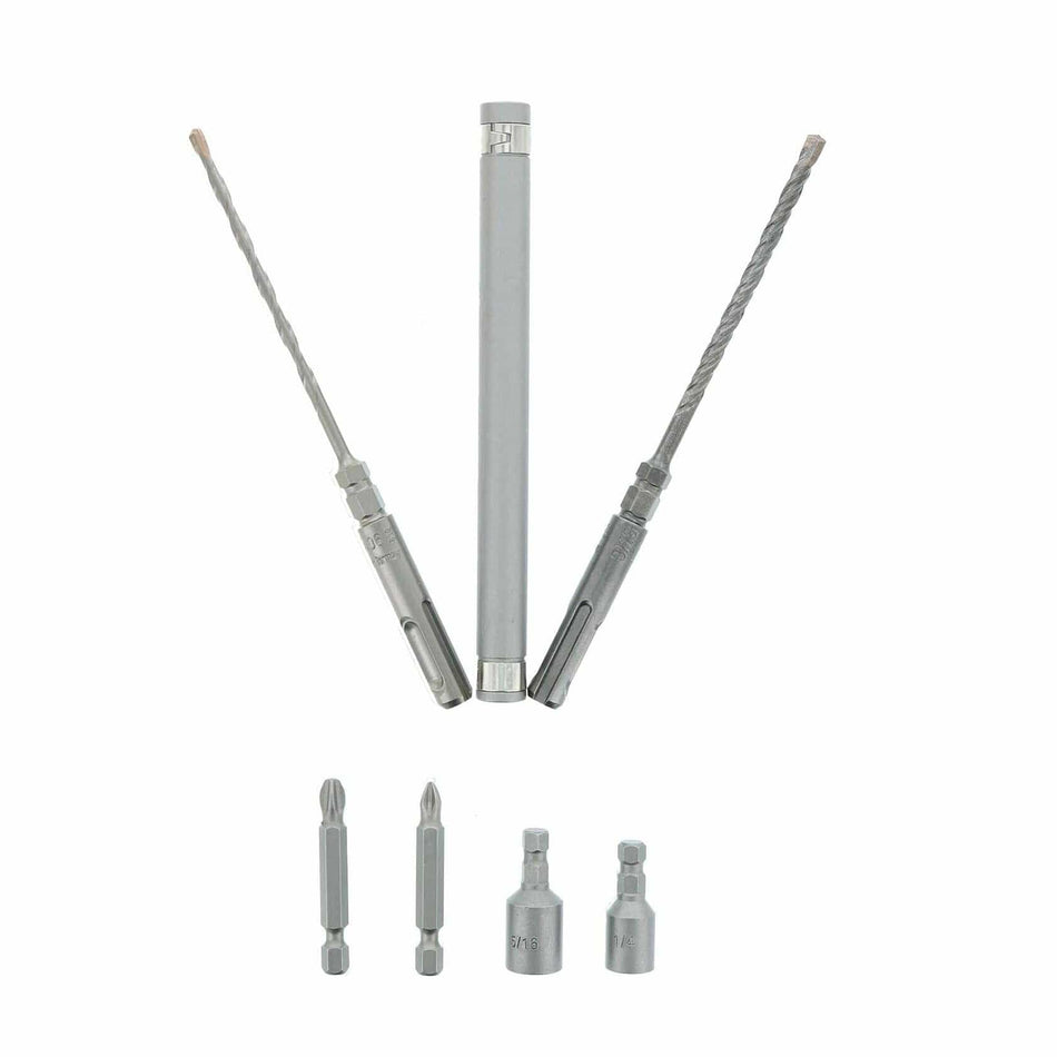 The Diablo 7-piece concrete anchor installation set, showing the two long SDS-Plus hammer drill bits, the magnetic drive sleeve, and the assorted Phillips and hex nut drivers below.