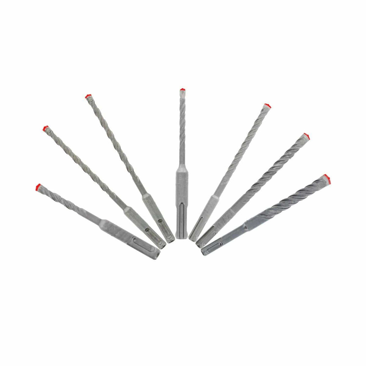 The seven Diablo Rebar Demon SDS-Plus hammer drill bits fanned out, clearly showing the red full carbide heads, twisted flutes, and SDS-Plus shanks.