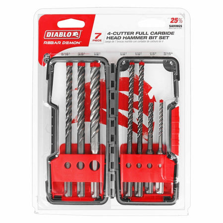 The Diablo 7-piece Rebar Demon SDS-Plus hammer drill bit set displayed in its red plastic carrying case, showing the assortment of full carbide head bits in various lengths and diameters.