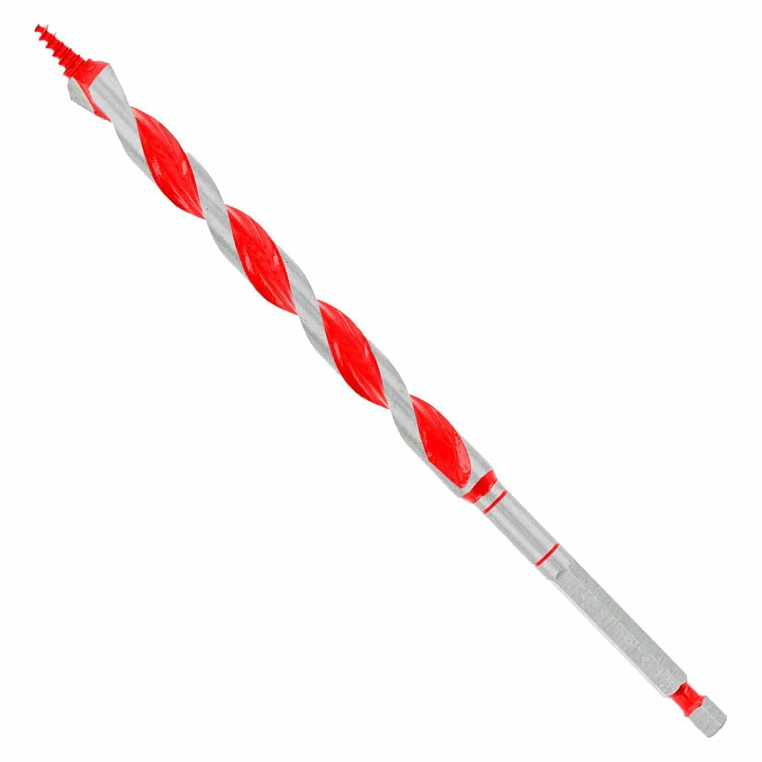 Close-up of Diablo DAG1040 auger bit showing red and silver spiral flutes, threaded Dura-Tip, and 1/4" hex shank for drilling nail-embedded wood.