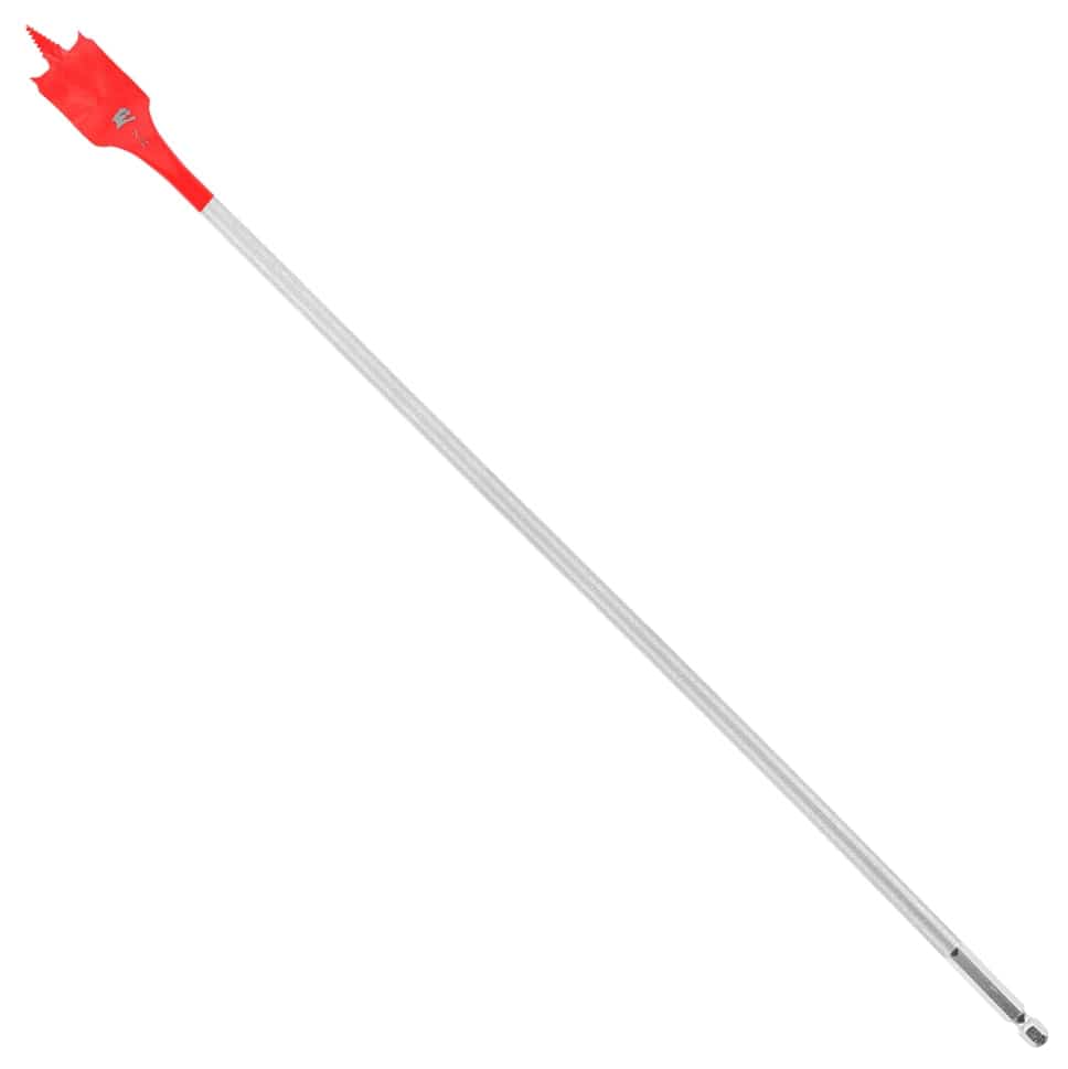 A Diablo 7/8-inch diameter x 16-inch extended reach SPEEDemon wood spade bit with a red SPEED-TIP self-feeding threaded design and 1/4-inch Impact Strong hex shank.