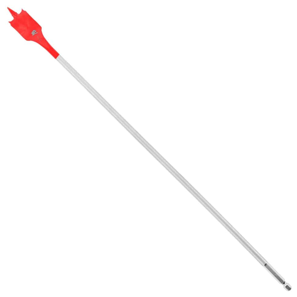 A Diablo 7/8-inch diameter x 16-inch extended reach SPEEDemon wood spade bit with a red SPEED-TIP self-feeding threaded design and 1/4-inch Impact Strong hex shank.